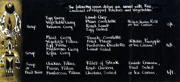 A menu designed with white handwriting on a black background featuring various dishes.