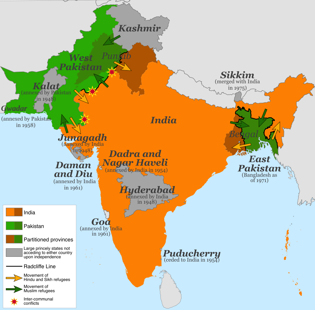Map of post-Partition India, showing the new state of Pakistan ( including East Pakistan and part of Kashmir).