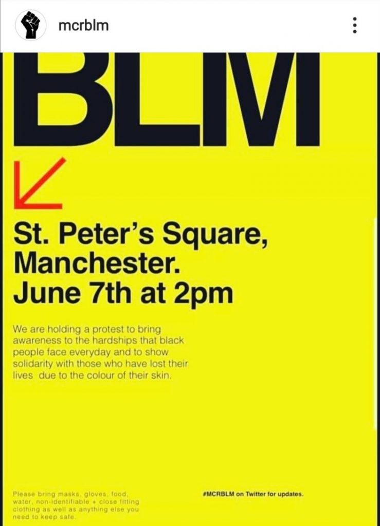 Black Lives Matter demonstration posters via Instagram created by @mcrblm and @manchestermarch