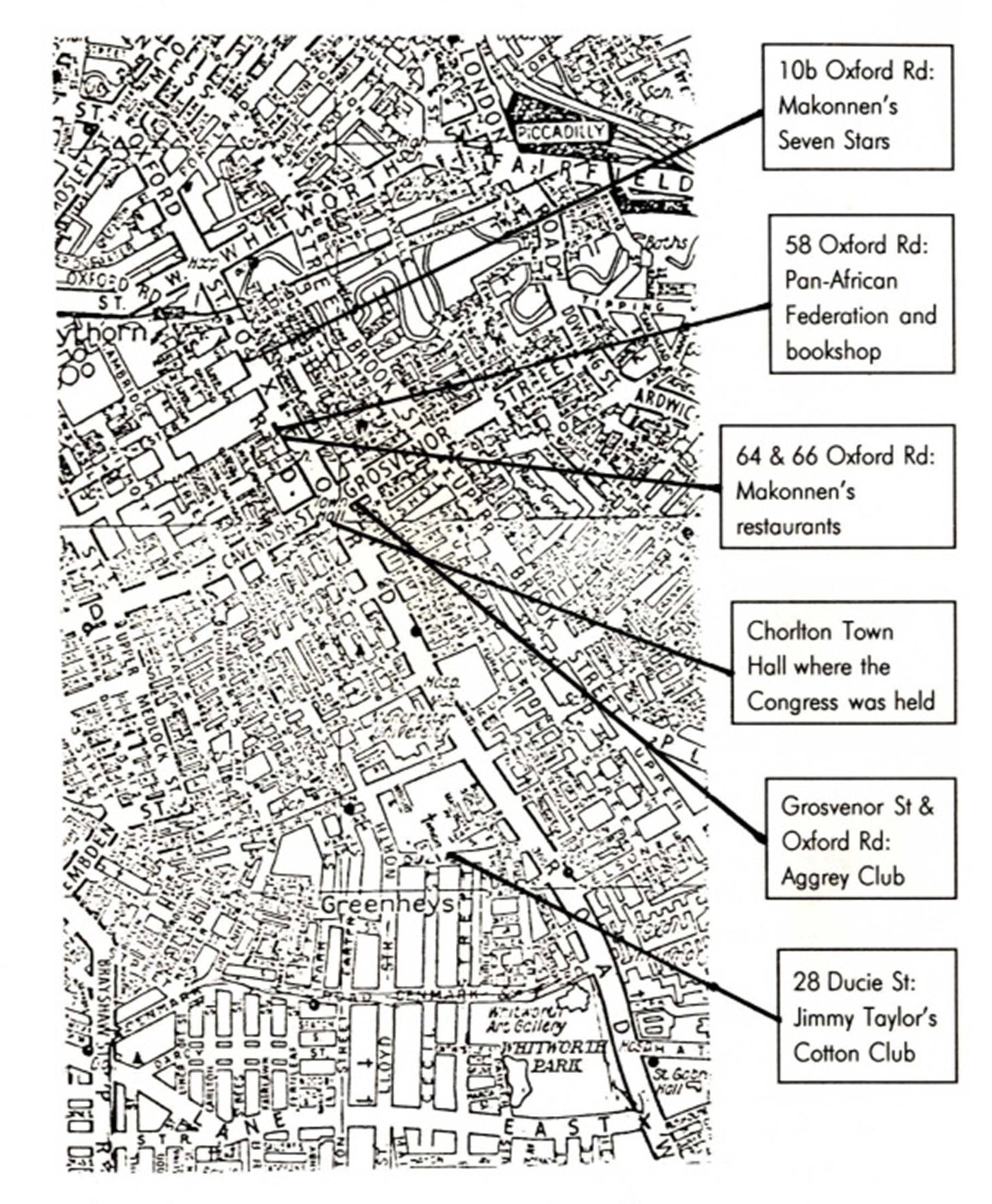 Map showing Important sites for the Black Community in Manchester, 1945