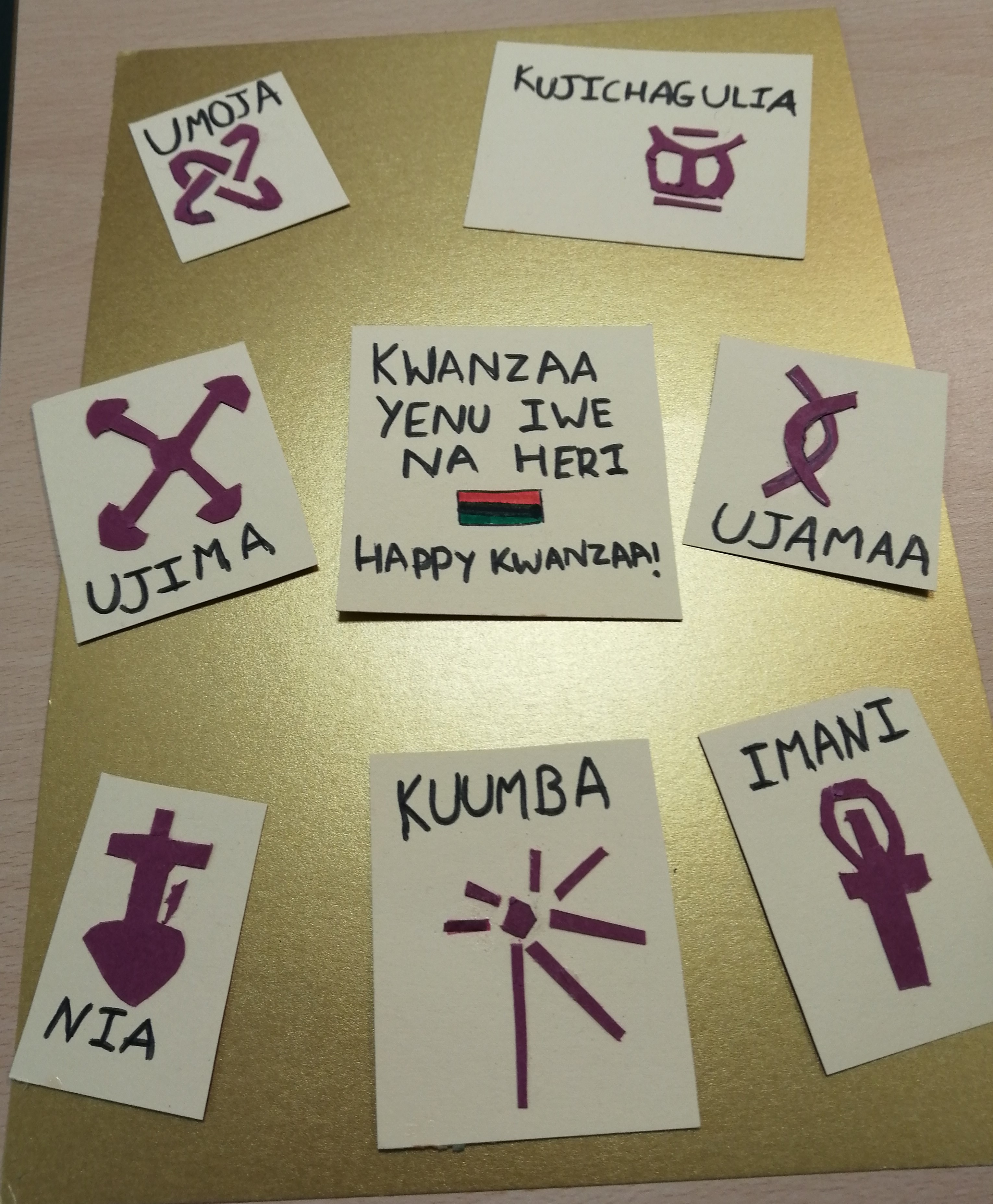 The names and symbols of the 7 principles of Kwanzaa arranged around the words Kwanzaa yenu iwe na heri Happy Kawanzaa!