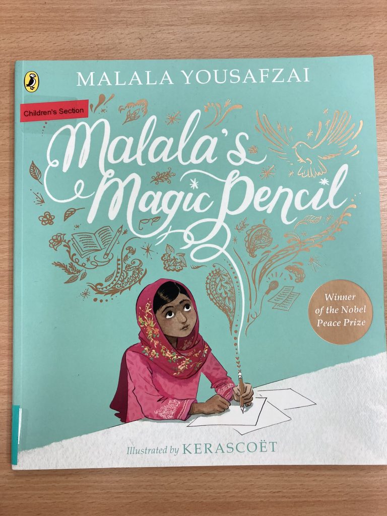 Front cover of Malala's Magic Pencil. Includes an illustration of Malala drawing.
