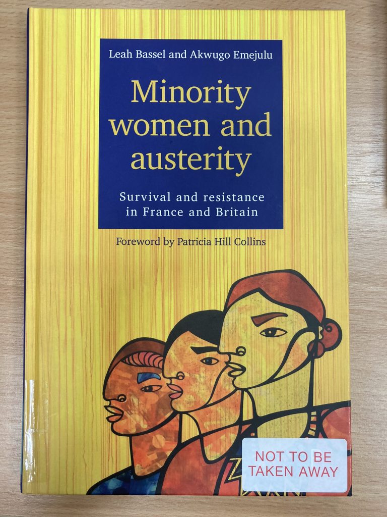 Front cover of the book Minority Women and Austerity featuring three stylised female faces on a yellow background.