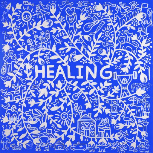 blue background, pattern of white line drawings of people, plants and animals and the word healing