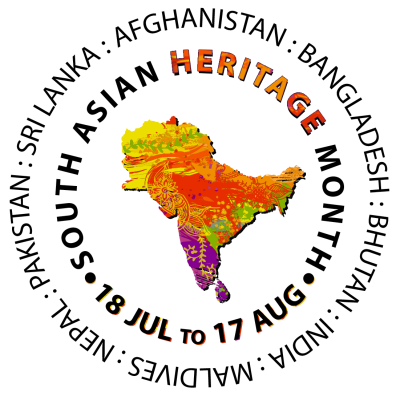 Outline of South Asia filled with fabric patterns, in two concentric circles of text which read: Afghanistan, Bangladesh, Bhutan, India, Maldives, Nepal, Pakistan, Sri Lanka. South Asian Heritage Month 18 Jul to 17 Aug
