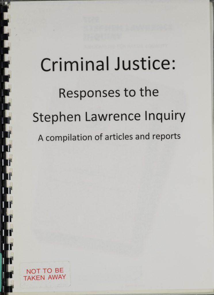 Bound cover with bold title 'Criminal Justice: Responses to the Stephen Lawrence Inquiry. 