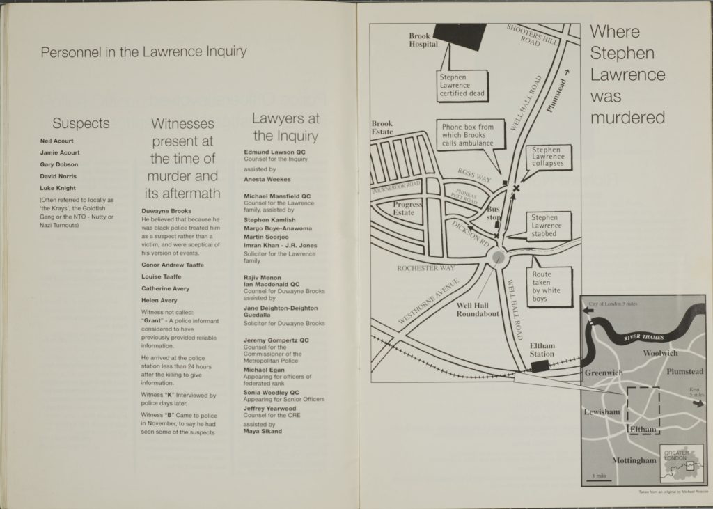 2 page spread from 'The Colour of Justice'- Left page shows list of suspects and witnesses in the Stephen Lawrence case. Right page shows map of site where Stephen Lawrence was murdered. 