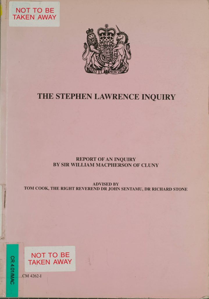 Book cover with bold title 'Stephen Lawrence Inquiry' 