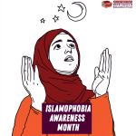 Illustration of a person wearing a brown hijab and long sleeved orange top. They are looking upwards to a crescent moon and stars. Their hands are raised.