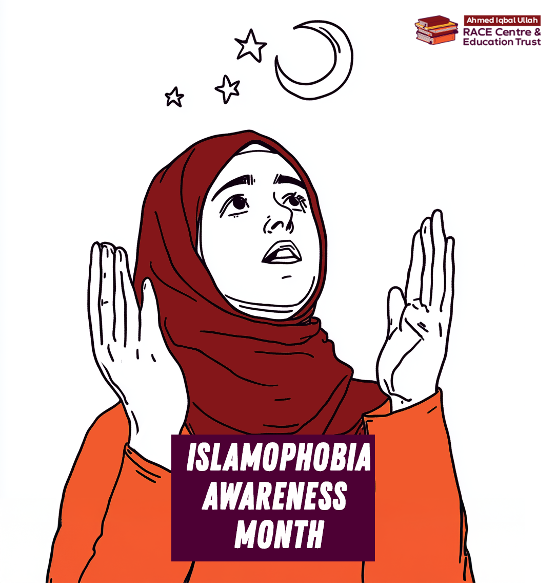 Illustration of a person wearing a brown hijab and long sleeved orange top. They are looking upwards to a crescent moon and stars. Their hands are raised.