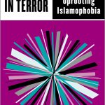 'TANGLED IN TERROR' is written in black on a white background in the top left corner. Next to this 'Suhiaymah Manzoor-Khan' is written in white text on a black background, followed by 'Uprooting Islamophobia'. Two thirds of the image is made up of a purple background, covered by a circular design in lines of different thickness in turquoise, black, white, grey and blue.