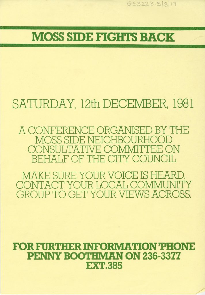 Poster for conference with the title Moss Side Fights Back