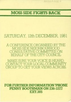 Poster for conference with the title Moss Side Fights Back