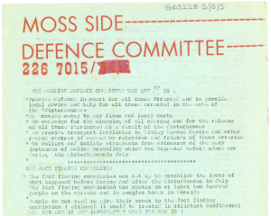 Moss Side Defence Committee document outlining aims and responsibilities - page 1